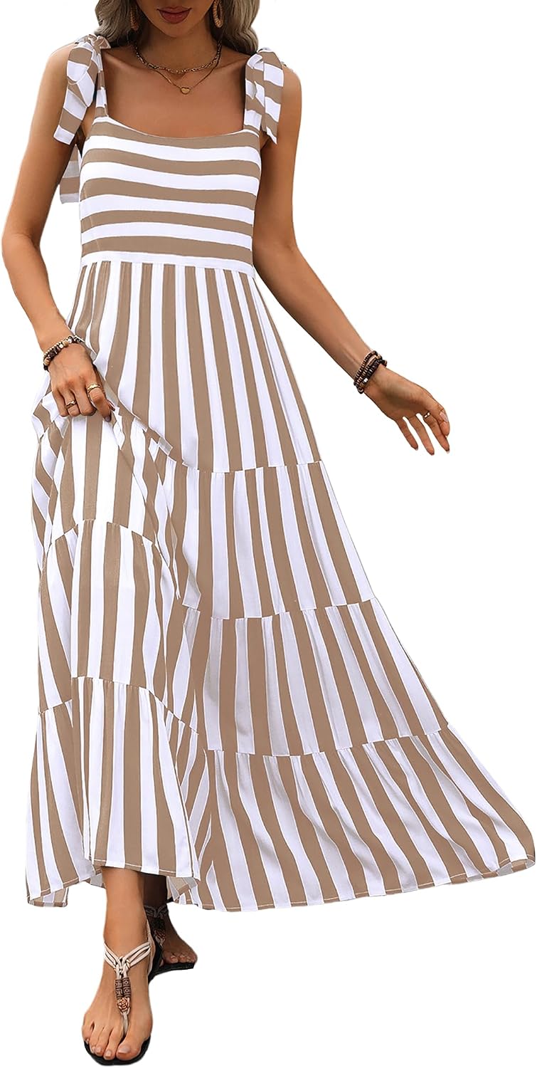 Women's Spaghetti Strap Square Neck Floral Tiered Flowy Beach Maxi Dress