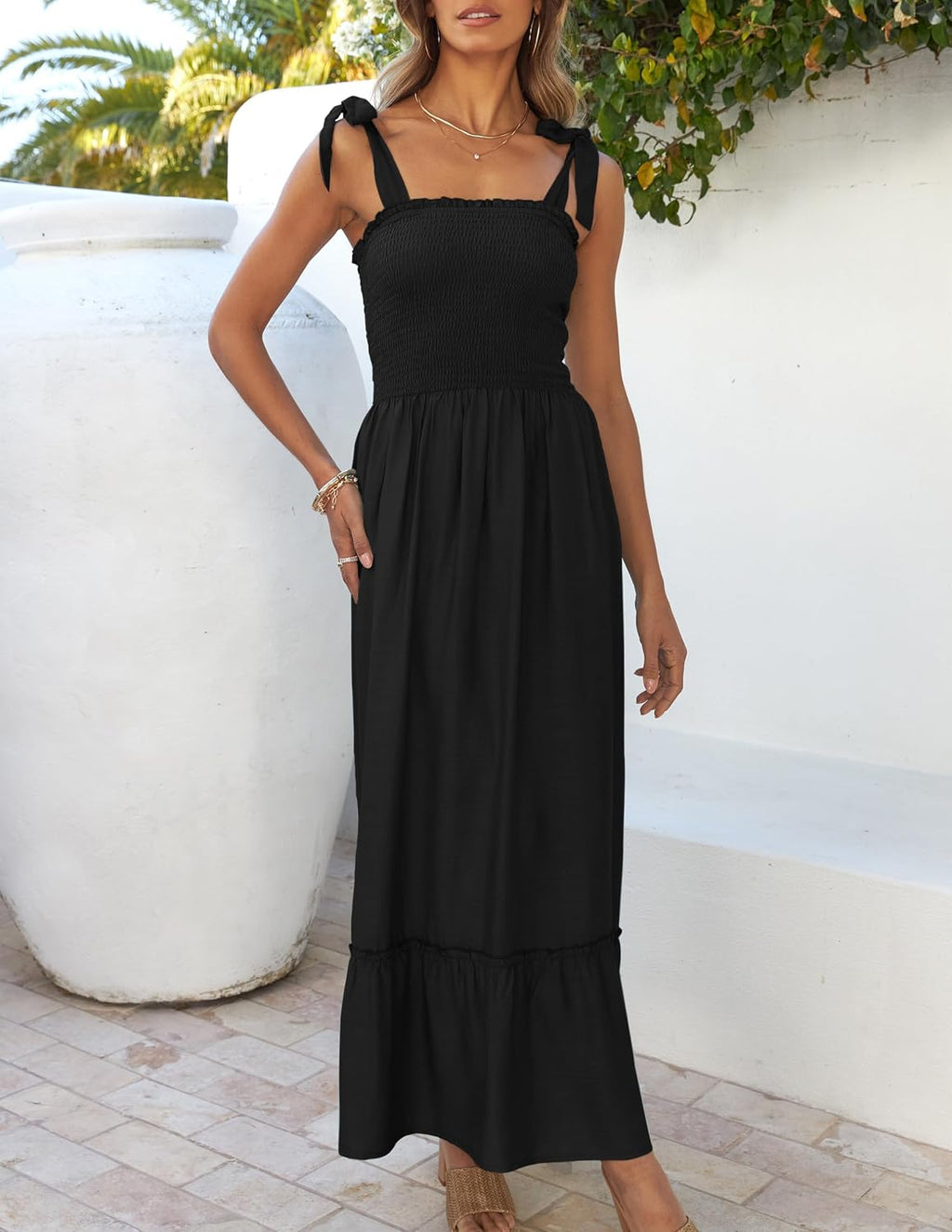 Women's Square Neck Tie Up Ribbon Straps Floral Tiered Maxi Dress