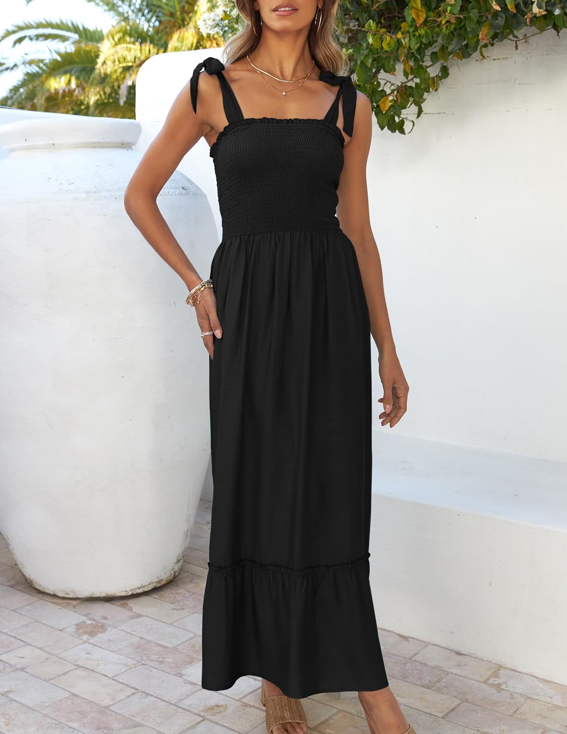 Women's Square Neck Tie Up Ribbon Straps Floral Tiered Maxi Dress