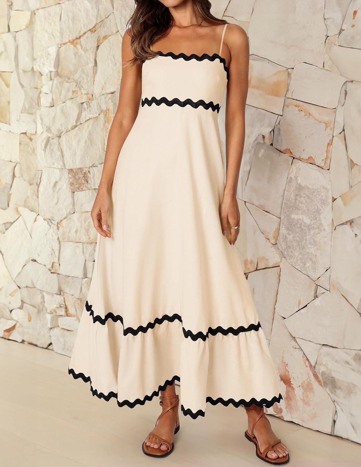 Women's Adjustable Spaghetti Straps Square Neck Smocked Backless Swing Midi Dress