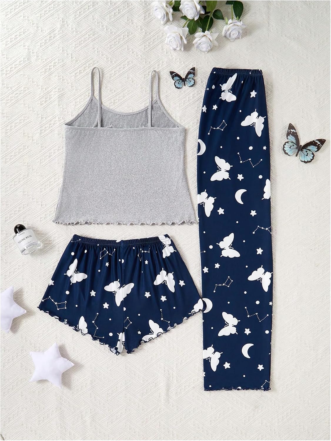 Women's Three Piece Printed Cami Pajama Set with Shorts and Pants