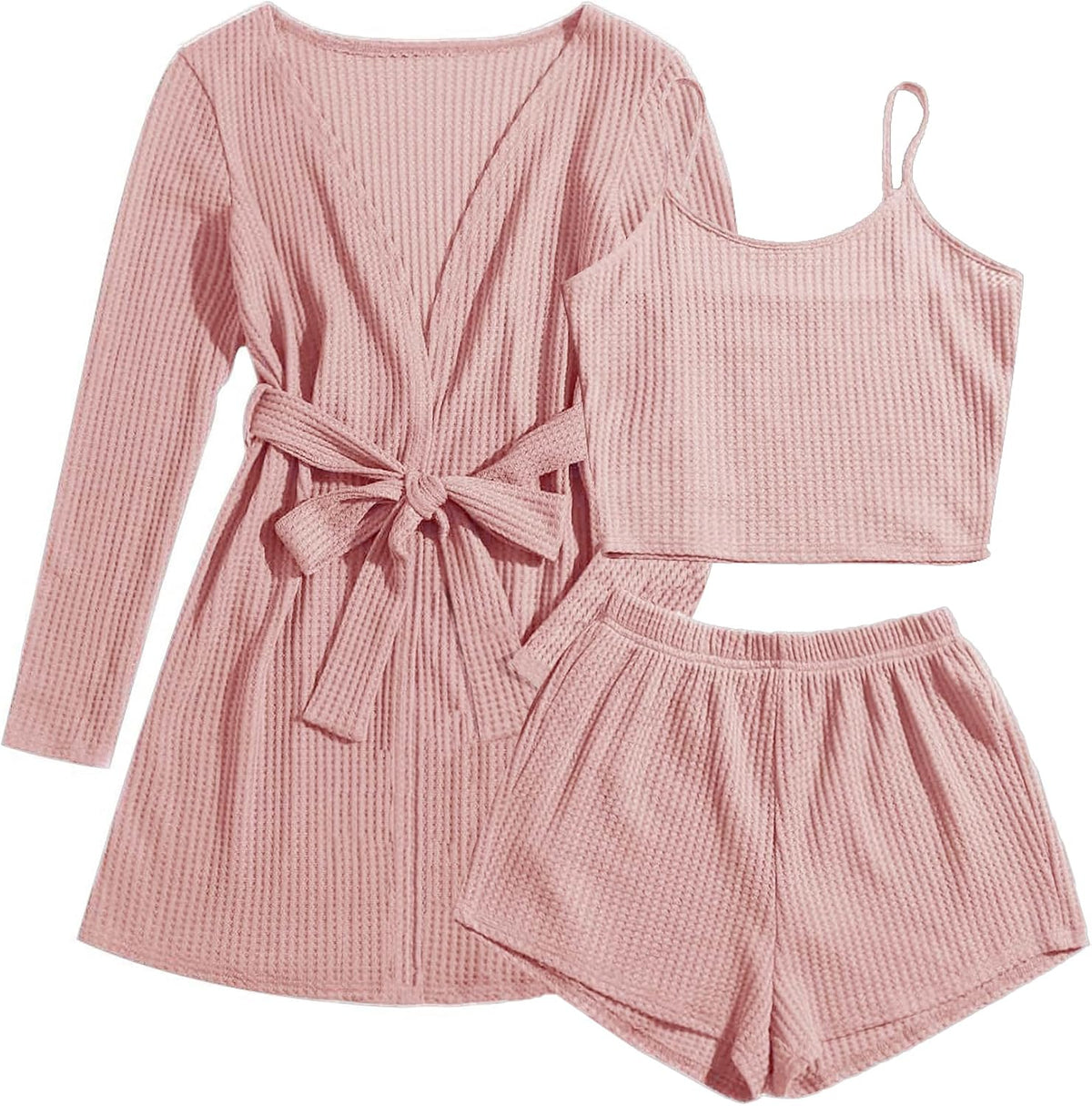 Women's Three Piece Waffle Knit Pajama Set with Tank and Cardigan