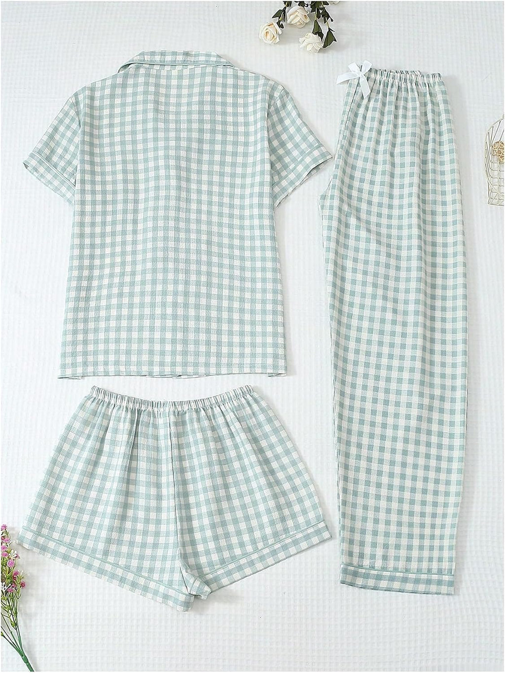Women's Three Piece Gingham Pajama Set with Button Down Shirt and Bottoms