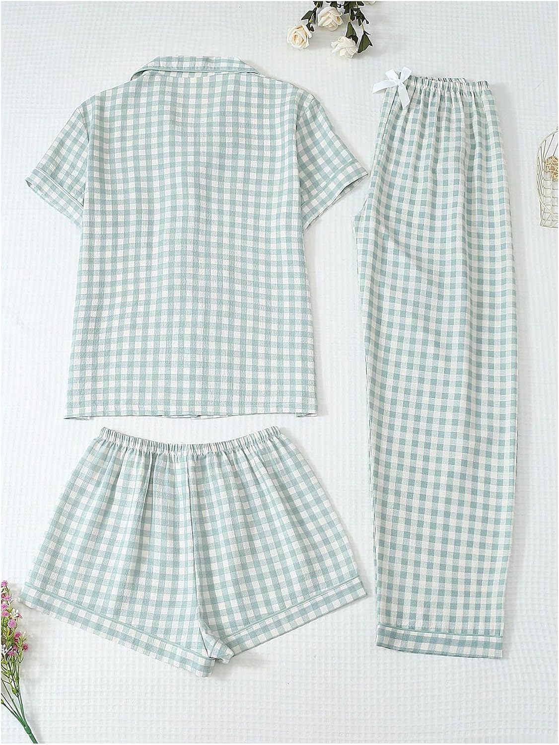 Women's Three Piece Gingham Pajama Set with Button Down Shirt and Bottoms