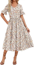 Women's V Neck Ruffle Short Sleeve Tiered Floral Midi Dress with Pockets