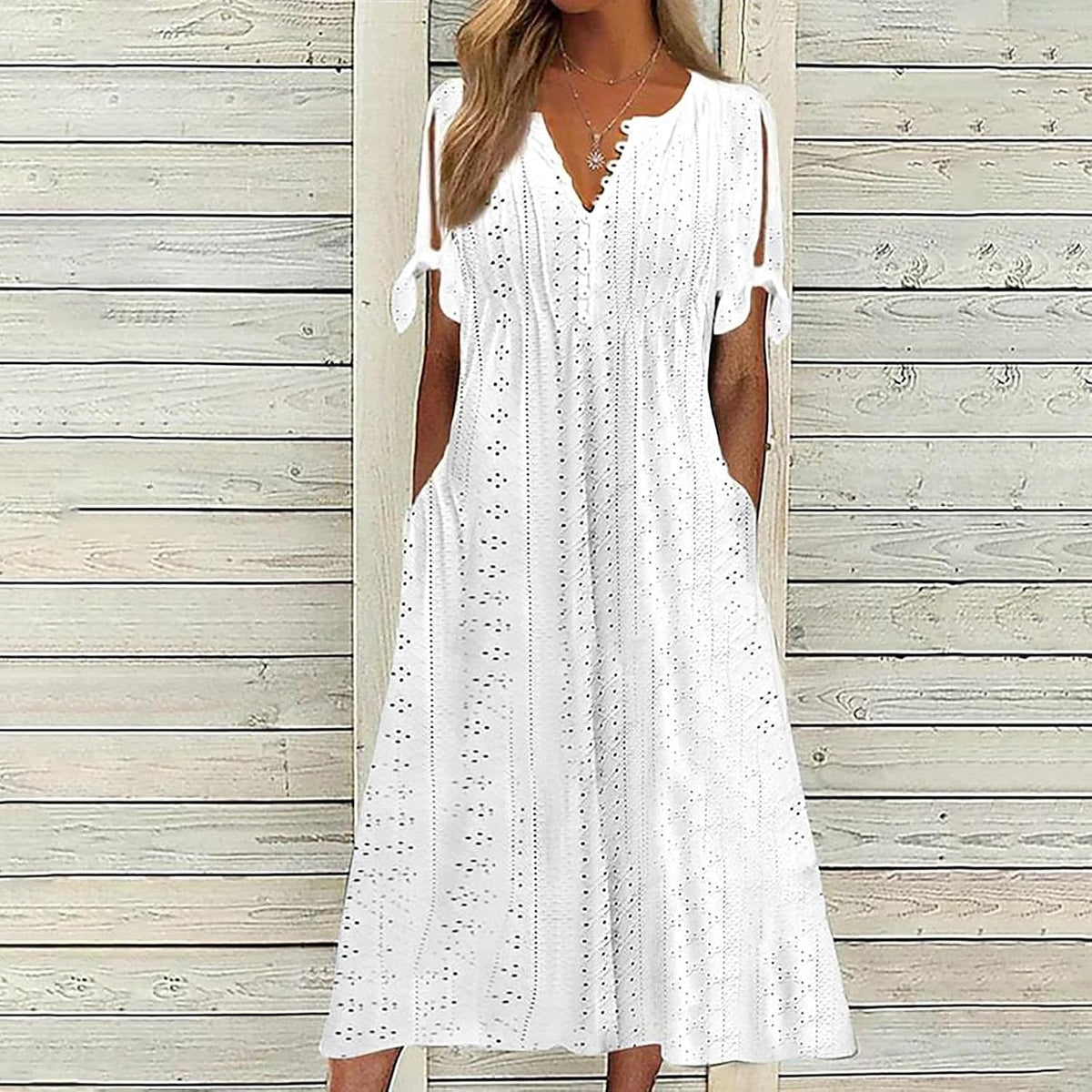 Women's Short Sleeve Eyelet Tshirt Casual Summer Beach Vacation Maxi Dress