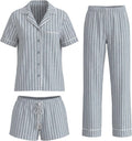 Women's Three Piece Short Sleeve Pajama Set with Shorts and Pants
