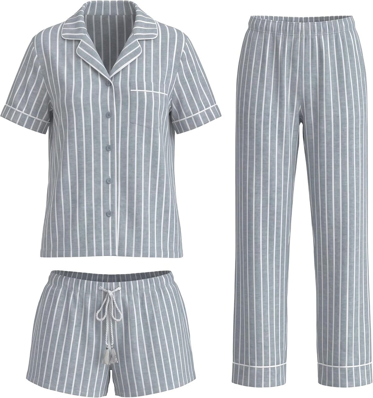 Women's Three Piece Short Sleeve Pajama Set with Shorts and Pants