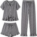 Women's Three Piece Gingham Pajama Set with Ruffle Top and Shorts