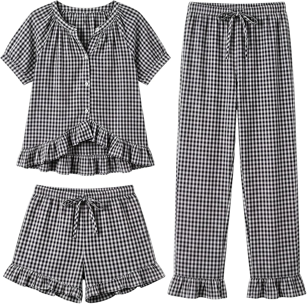 Women's Three Piece Gingham Pajama Set with Ruffle Top and Shorts
