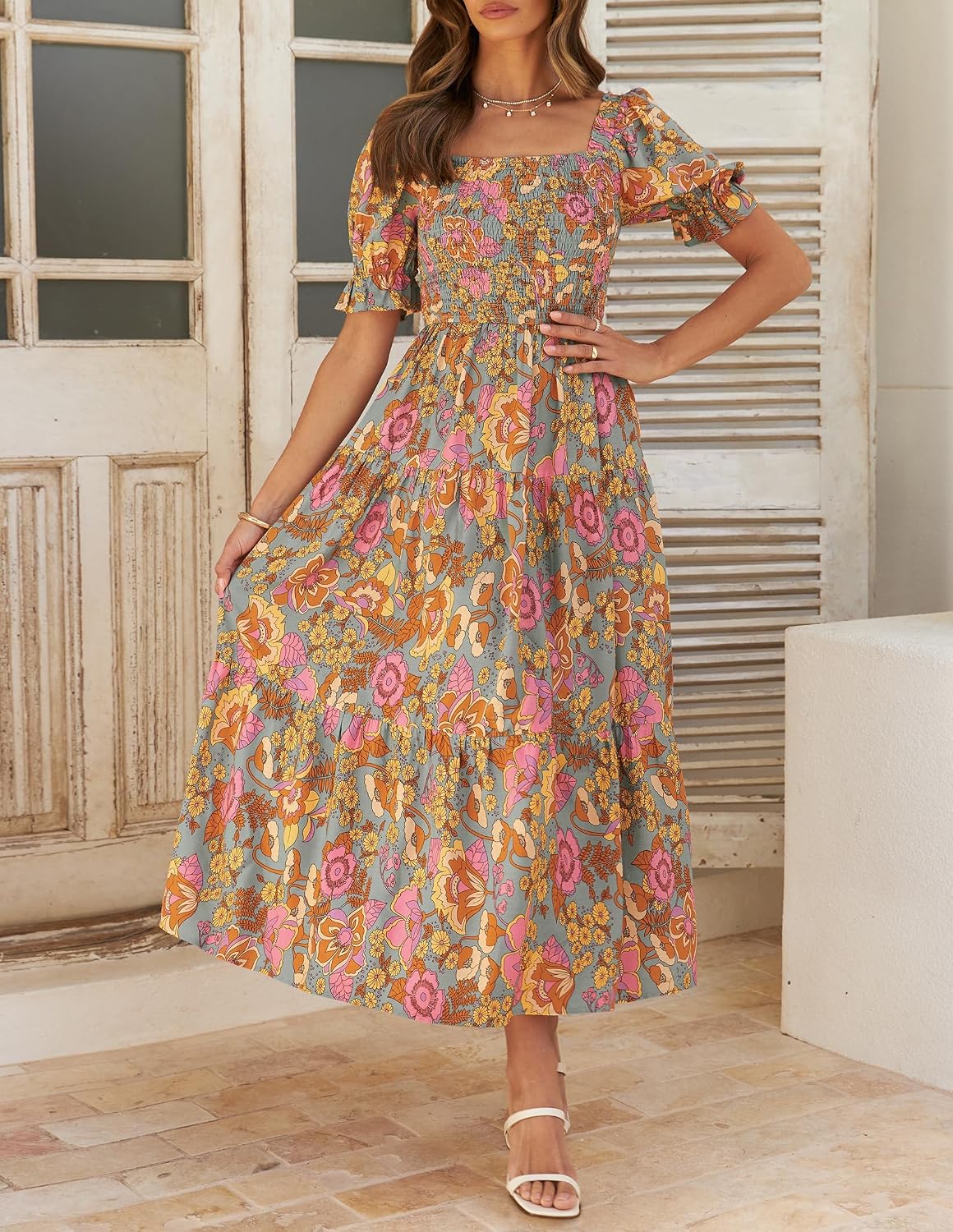 Women's Square Neck Elastic Puff Short Sleeve Floral Swing Maxi Dress